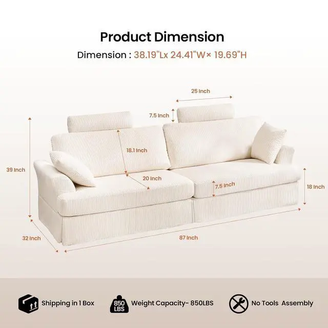 Alt view image 2 of 7 - 87" Cloud Comfy Sofa Couch with Deep Seat and Thick Cushion, Corduroy Upholstered Fabric Soft Couch for Living Room Office, Beige (Includes Headrest)