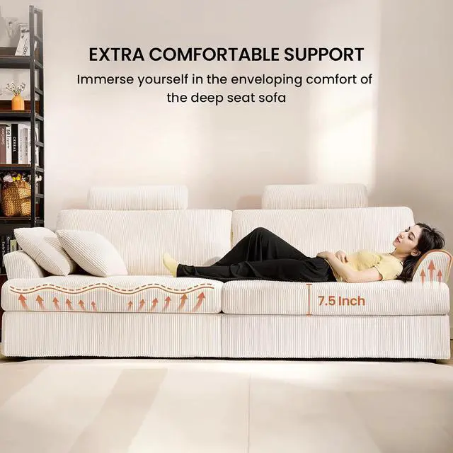Alt view image 3 of 7 - 87" Cloud Comfy Sofa Couch with Deep Seat and Thick Cushion, Corduroy Upholstered Fabric Soft Couch for Living Room Office, Beige (Includes Headrest)