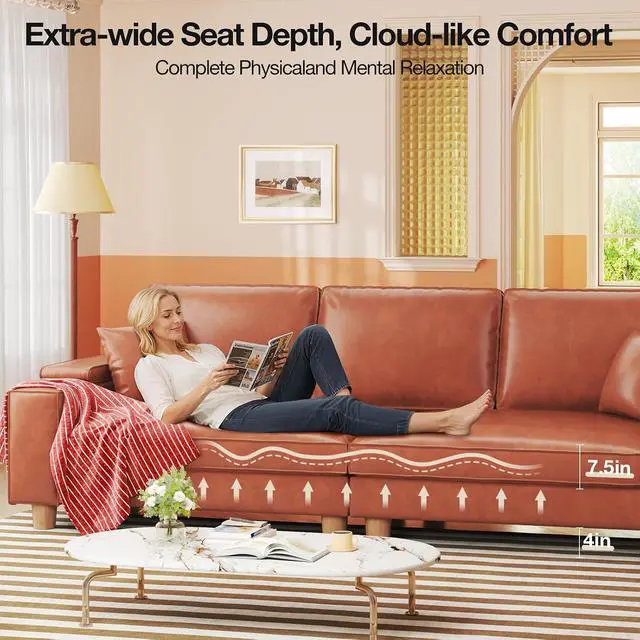 Alt view image 6 of 7 - 101" Large PU Leather Sofa Couch, Spring Cushion Modern Couch with 24" Extra Deep Seat, Wide Storage Armchair, Comfy Upholstered Oversized Loveseat (Includes 2 Pillows) for Living Room, Office, Brown