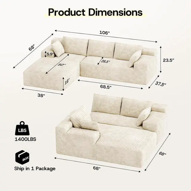 Alt view image 2 of 7 - 106" Sectional Couch for Living Room, L-Shaped Cloud Couch Corduroy Modern Sectional Sofa with Deep Seat and Thickened Cushion, No Assembly Required, Biege
