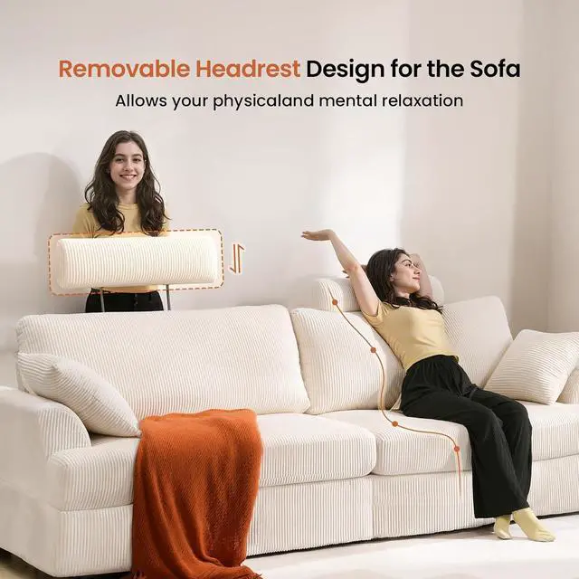 Alt view image 5 of 7 - 87" Cloud Comfy Sofa Couch with Deep Seat and Thick Cushion, Corduroy Upholstered Fabric Soft Couch for Living Room Office, Beige (Includes Headrest)