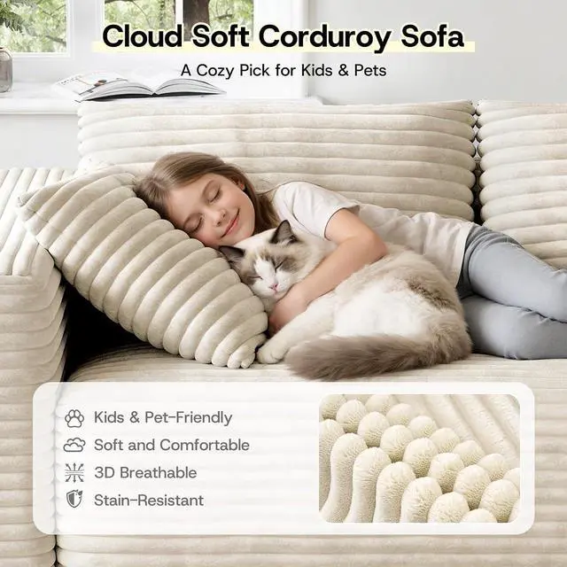 Alt view image 6 of 7 - 106" Sectional Couch for Living Room, L-Shaped Cloud Couch Corduroy Modern Sectional Sofa with Deep Seat and Thickened Cushion, No Assembly Required, Biege