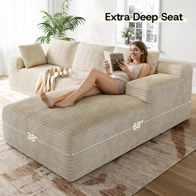 Alt view image 3 of 7 - 106" Sectional Couch for Living Room, L-Shaped Cloud Couch Corduroy Modern Sectional Sofa with Deep Seat and Thickened Cushion, No Assembly Required, Biege