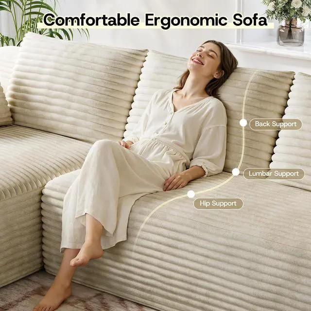 Alt view image 4 of 7 - 106" Sectional Couch for Living Room, L-Shaped Cloud Couch Corduroy Modern Sectional Sofa with Deep Seat and Thickened Cushion, No Assembly Required, Biege