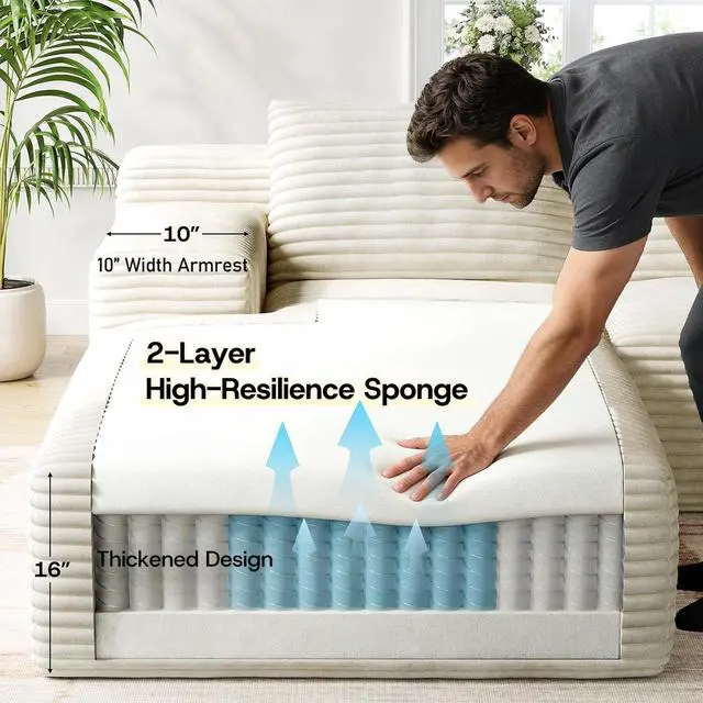 Alt view image 7 of 7 - 106" Sectional Couch for Living Room, L-Shaped Cloud Couch Corduroy Modern Sectional Sofa with Deep Seat and Thickened Cushion, No Assembly Required, Biege