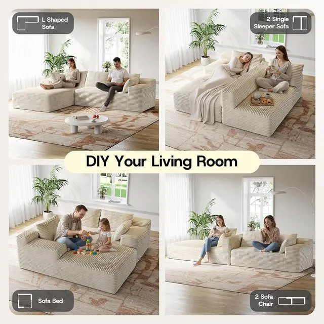 Alt view image 5 of 7 - 106" Sectional Couch for Living Room, L-Shaped Cloud Couch Corduroy Modern Sectional Sofa with Deep Seat and Thickened Cushion, No Assembly Required, Biege