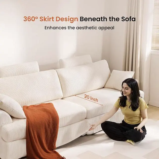 Alt view image 6 of 7 - 87" Cloud Comfy Sofa Couch with Deep Seat and Thick Cushion, Corduroy Upholstered Fabric Soft Couch for Living Room Office, Beige (Includes Headrest)