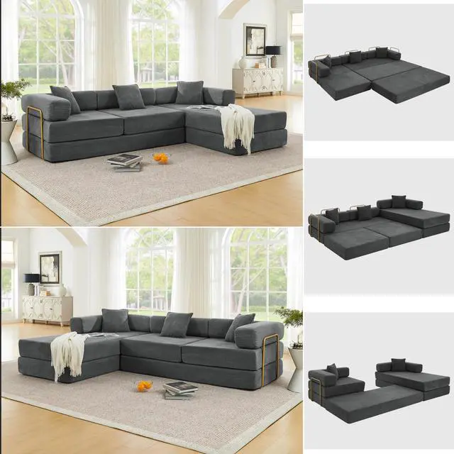 Main image of 108" Modular Sectional Sofa,Futon Convertible Sofa Bed,Oversized Corduroy Boneless Couch for Living Room,Floor Loveseat Sleeper with Pull Out Bed,Free Combination,No Assembly Required (Grey)