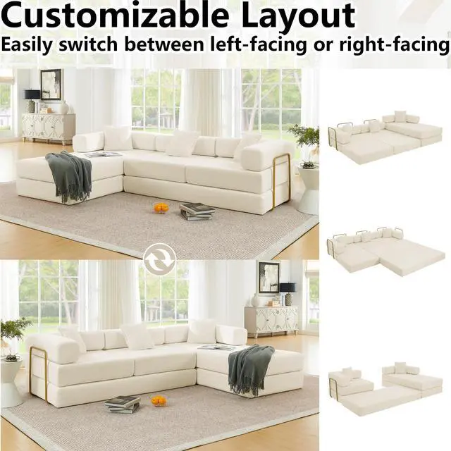 Alt view image 4 of 7 - 108" Modular Sectional Sofa,Futon Convertible Sofa Bed,Oversized Corduroy Boneless Couch for Living Room,Floor Loveseat Sleeper with Pull Out Bed,Free Combination,No Assembly Required (Beige)
