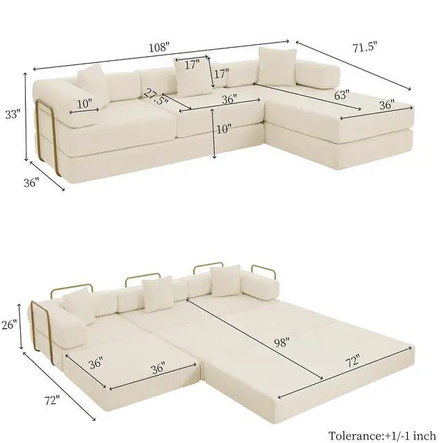 Alt view image 2 of 7 - 108" Modular Sectional Sofa,Futon Convertible Sofa Bed,Oversized Corduroy Boneless Couch for Living Room,Floor Loveseat Sleeper with Pull Out Bed,Free Combination,No Assembly Required (Beige)
