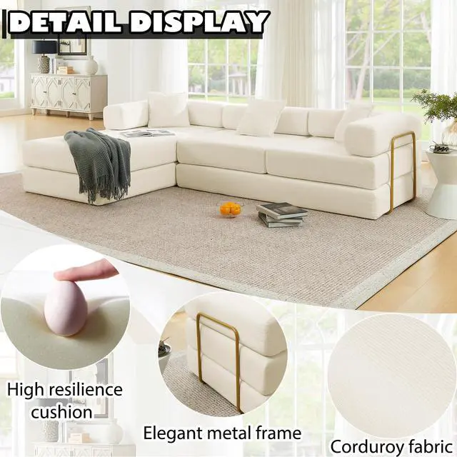 Alt view image 5 of 7 - 108" Modular Sectional Sofa,Futon Convertible Sofa Bed,Oversized Corduroy Boneless Couch for Living Room,Floor Loveseat Sleeper with Pull Out Bed,Free Combination,No Assembly Required (Beige)