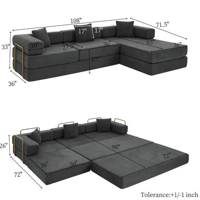 Alt view image 2 of 7 - 108" Modular Sectional Sofa,Futon Convertible Sofa Bed,Oversized Corduroy Boneless Couch for Living Room,Floor Loveseat Sleeper with Pull Out Bed,Free Combination,No Assembly Required (Grey)