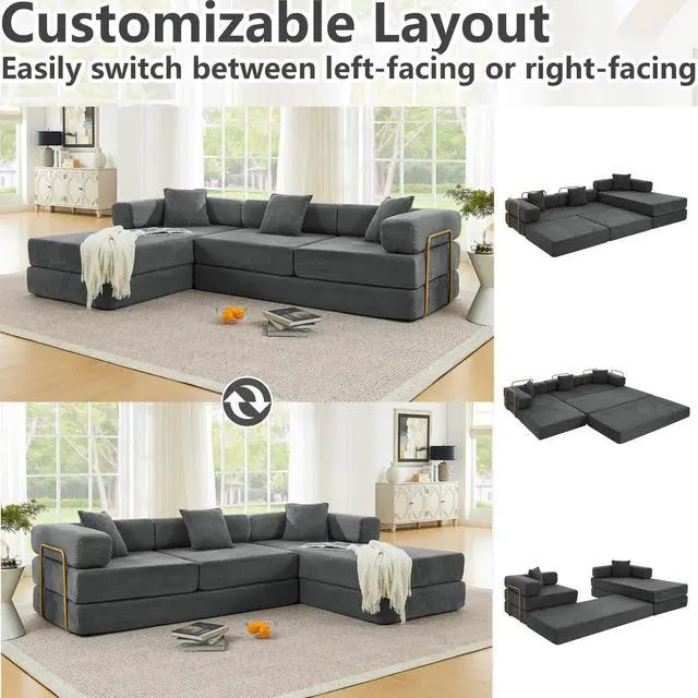 Alt view image 4 of 7 - 108" Modular Sectional Sofa,Futon Convertible Sofa Bed,Oversized Corduroy Boneless Couch for Living Room,Floor Loveseat Sleeper with Pull Out Bed,Free Combination,No Assembly Required (Grey)