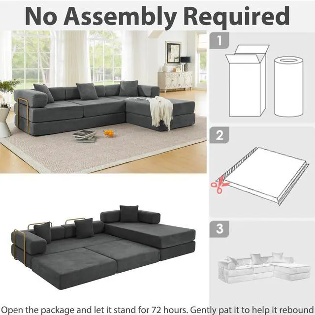 Alt view image 3 of 7 - 108" Modular Sectional Sofa,Futon Convertible Sofa Bed,Oversized Corduroy Boneless Couch for Living Room,Floor Loveseat Sleeper with Pull Out Bed,Free Combination,No Assembly Required (Grey)