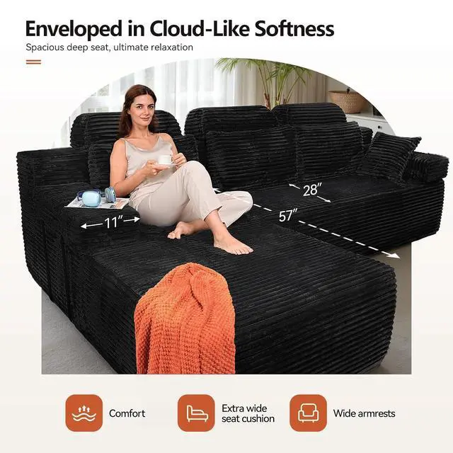 Alt view image 5 of 7 - 106" High Backrest Sectional Sofa&Couch, L-Shape Sectional Sofa Convertible Left or Right Chaise, Cloud Corduroy, Boneless Couches Comfortable for Living Room, Black