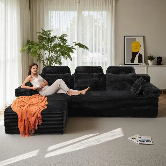 Alt view image 3 of 7 - 106" High Backrest Sectional Sofa&Couch, L-Shape Sectional Sofa Convertible Left or Right Chaise, Cloud Corduroy, Boneless Couches Comfortable for Living Room, Black