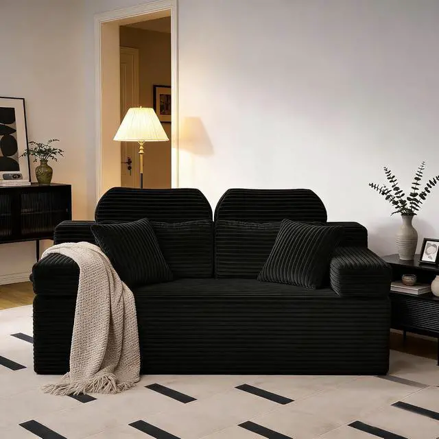 Alt view image 3 of 6 - 71" High Backrest Sofa for Small Spaces, Compressed Corduroy Couch with Deep Seating for Living Room, Bedroom, Black