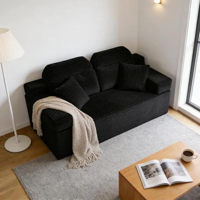 Alt view image 5 of 6 - 71" High Backrest Sofa for Small Spaces, Compressed Corduroy Couch with Deep Seating for Living Room, Bedroom, Black