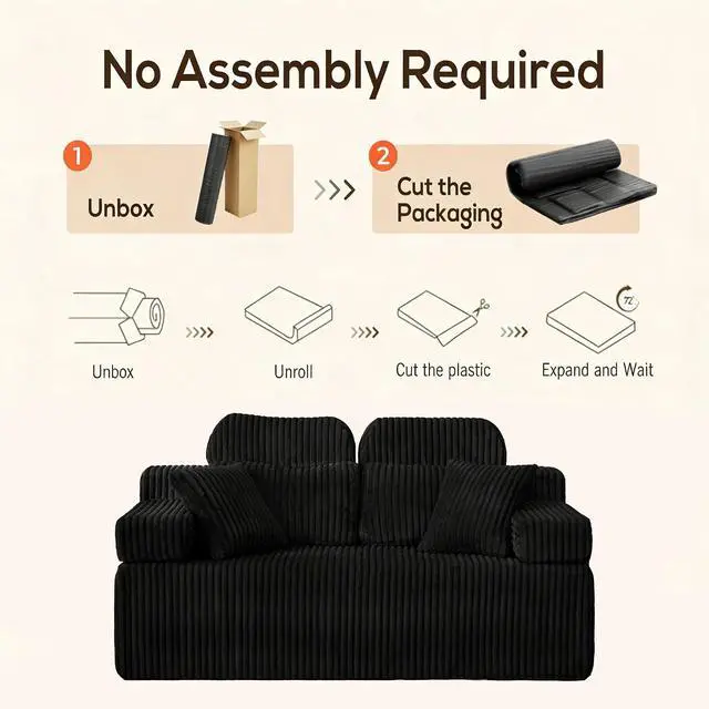 Alt view image 6 of 6 - 71" High Backrest Sofa for Small Spaces, Compressed Corduroy Couch with Deep Seating for Living Room, Bedroom, Black