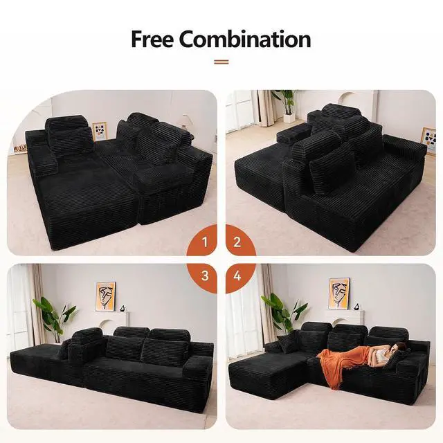 Alt view image 6 of 7 - 106" High Backrest Sectional Sofa&Couch, L-Shape Sectional Sofa Convertible Left or Right Chaise, Cloud Corduroy, Boneless Couches Comfortable for Living Room, Black