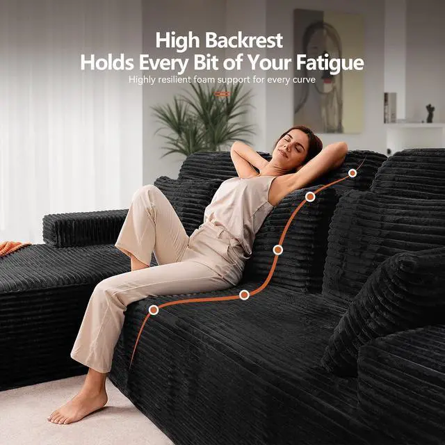 Alt view image 4 of 7 - 106" High Backrest Sectional Sofa&Couch, L-Shape Sectional Sofa Convertible Left or Right Chaise, Cloud Corduroy, Boneless Couches Comfortable for Living Room, Black