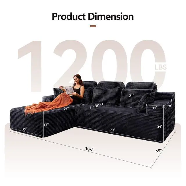 Alt view image 2 of 7 - 106" High Backrest Sectional Sofa&Couch, L-Shape Sectional Sofa Convertible Left or Right Chaise, Cloud Corduroy, Boneless Couches Comfortable for Living Room, Dark Grey