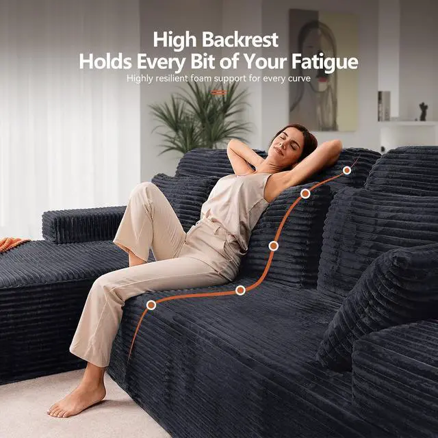 Alt view image 4 of 7 - 106" High Backrest Sectional Sofa&Couch, L-Shape Sectional Sofa Convertible Left or Right Chaise, Cloud Corduroy, Boneless Couches Comfortable for Living Room, Dark Grey