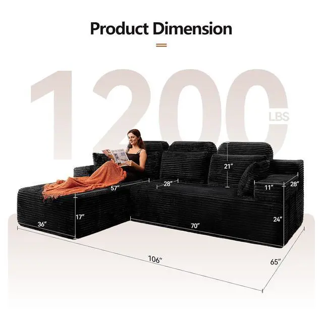 Alt view image 2 of 7 - 106" High Backrest Sectional Sofa&Couch, L-Shape Sectional Sofa Convertible Left or Right Chaise, Cloud Corduroy, Boneless Couches Comfortable for Living Room, Black