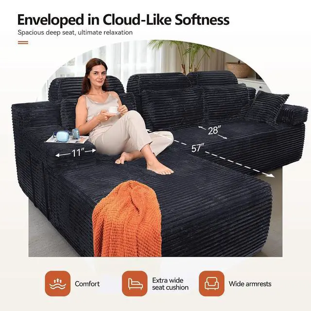 Alt view image 5 of 7 - 106" High Backrest Sectional Sofa&Couch, L-Shape Sectional Sofa Convertible Left or Right Chaise, Cloud Corduroy, Boneless Couches Comfortable for Living Room, Dark Grey