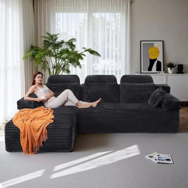 Alt view image 3 of 7 - 106" High Backrest Sectional Sofa&Couch, L-Shape Sectional Sofa Convertible Left or Right Chaise, Cloud Corduroy, Boneless Couches Comfortable for Living Room, Dark Grey