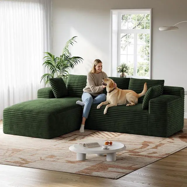 Main image of 106" Sectional Couch for Living Room, L-Shaped Cloud Couch Corduroy Modern Sectional Sofa with Deep Seat and Thickened Cushion, No Assembly Required, Green