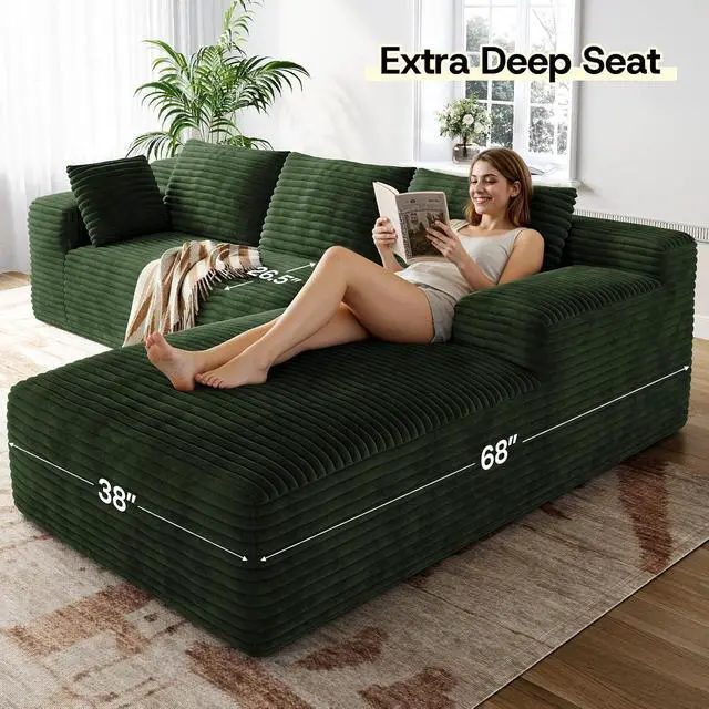 Alt view image 3 of 7 - 106" Sectional Couch for Living Room, L-Shaped Cloud Couch Corduroy Modern Sectional Sofa with Deep Seat and Thickened Cushion, No Assembly Required, Green