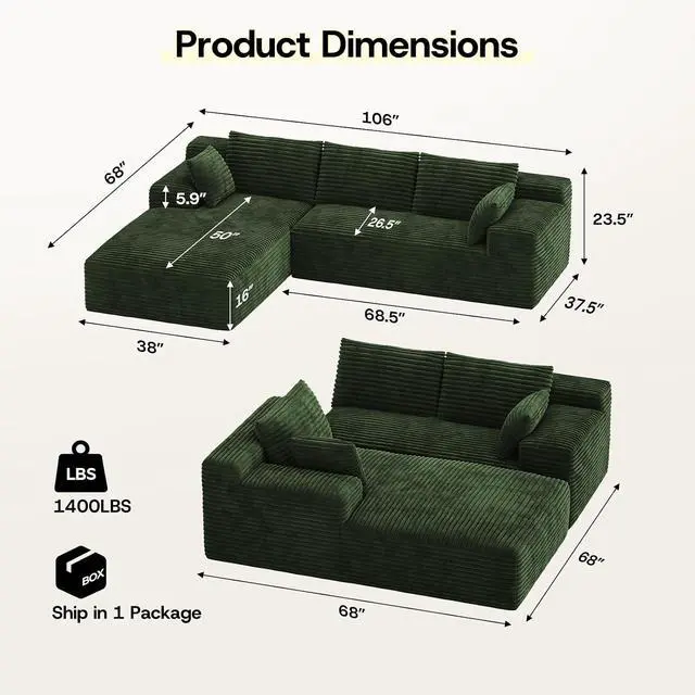 Alt view image 2 of 7 - 106" Sectional Couch for Living Room, L-Shaped Cloud Couch Corduroy Modern Sectional Sofa with Deep Seat and Thickened Cushion, No Assembly Required, Green
