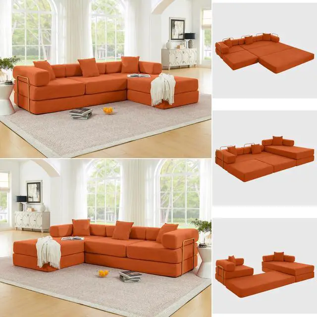 Main image of 108" Modular Sectional Sofa,Futon Convertible Sofa Bed,Oversized Corduroy Boneless Couch for Living Room,Floor Loveseat Sleeper with Pull Out Bed,Free Combination,No Assembly Required (Orange)