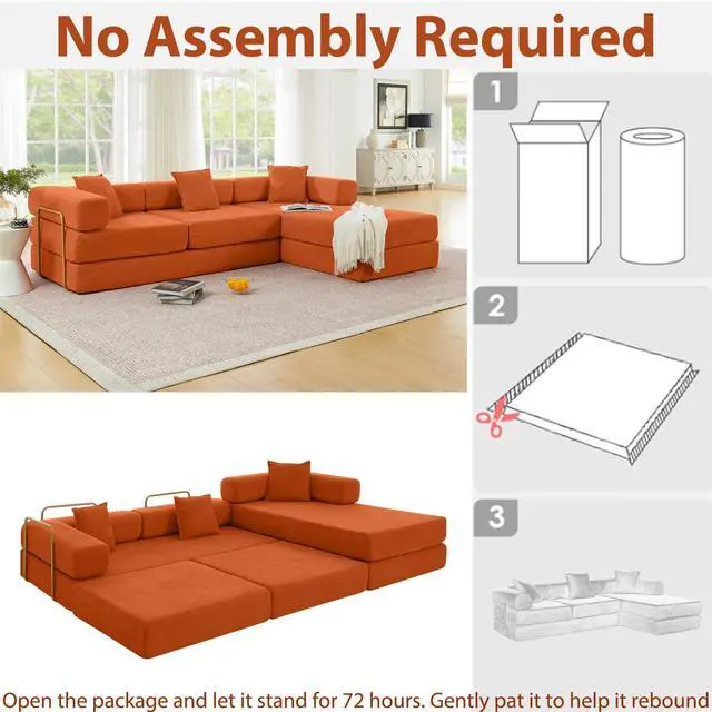 Alt view image 3 of 7 - 108" Modular Sectional Sofa,Futon Convertible Sofa Bed,Oversized Corduroy Boneless Couch for Living Room,Floor Loveseat Sleeper with Pull Out Bed,Free Combination,No Assembly Required (Orange)