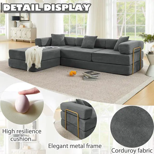 Alt view image 5 of 7 - 108" Modular Sectional Sofa,Futon Convertible Sofa Bed,Oversized Corduroy Boneless Couch for Living Room,Floor Loveseat Sleeper with Pull Out Bed,Free Combination,No Assembly Required (Grey)