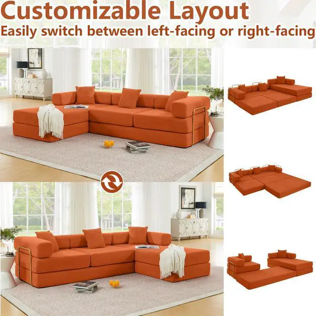 Alt view image 4 of 7 - 108" Modular Sectional Sofa,Futon Convertible Sofa Bed,Oversized Corduroy Boneless Couch for Living Room,Floor Loveseat Sleeper with Pull Out Bed,Free Combination,No Assembly Required (Orange)