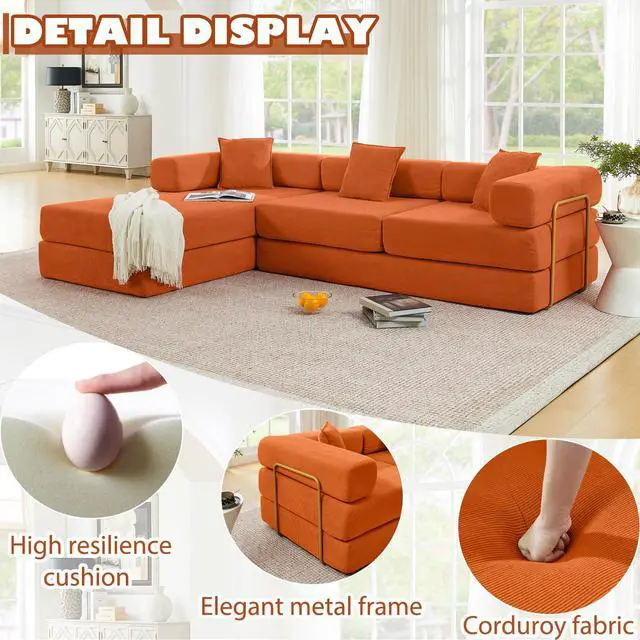 Alt view image 5 of 7 - 108" Modular Sectional Sofa,Futon Convertible Sofa Bed,Oversized Corduroy Boneless Couch for Living Room,Floor Loveseat Sleeper with Pull Out Bed,Free Combination,No Assembly Required (Orange)
