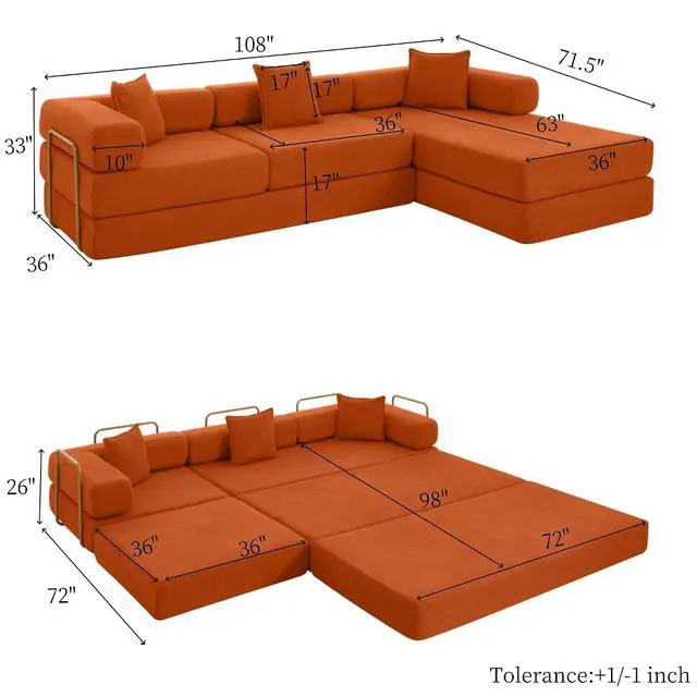Alt view image 2 of 7 - 108" Modular Sectional Sofa,Futon Convertible Sofa Bed,Oversized Corduroy Boneless Couch for Living Room,Floor Loveseat Sleeper with Pull Out Bed,Free Combination,No Assembly Required (Orange)