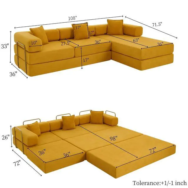Alt view image 2 of 7 - 108" Modular Sectional Sofa,Futon Convertible Sofa Bed,Oversized Corduroy Boneless Couch for Living Room,Floor Loveseat Sleeper with Pull Out Bed,Free Combination,No Assembly Required (Yellow)