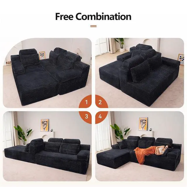 Alt view image 6 of 7 - 106" High Backrest Sectional Sofa&Couch, L-Shape Sectional Sofa Convertible Left or Right Chaise, Cloud Corduroy, Boneless Couches Comfortable for Living Room, Dark Grey