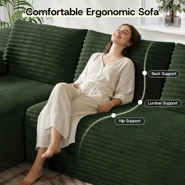 Alt view image 4 of 7 - 106" Sectional Couch for Living Room, L-Shaped Cloud Couch Corduroy Modern Sectional Sofa with Deep Seat and Thickened Cushion, No Assembly Required, Green