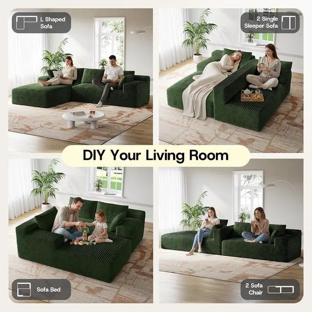 Alt view image 5 of 7 - 106" Sectional Couch for Living Room, L-Shaped Cloud Couch Corduroy Modern Sectional Sofa with Deep Seat and Thickened Cushion, No Assembly Required, Green