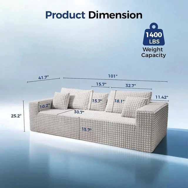 Alt view image 2 of 7 - 101" Couch for Living Room Furniture Diamond Boneless Sofa with 31-inch Extra Deep Seat, No Assembly, Beige