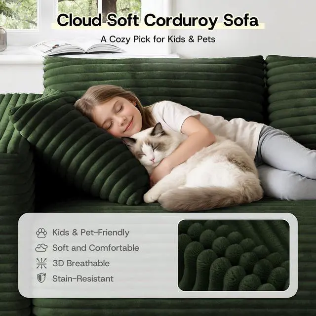 Alt view image 6 of 7 - 106" Sectional Couch for Living Room, L-Shaped Cloud Couch Corduroy Modern Sectional Sofa with Deep Seat and Thickened Cushion, No Assembly Required, Green