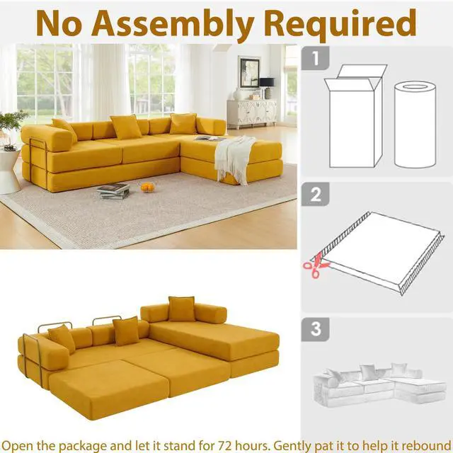 Alt view image 3 of 7 - 108" Modular Sectional Sofa,Futon Convertible Sofa Bed,Oversized Corduroy Boneless Couch for Living Room,Floor Loveseat Sleeper with Pull Out Bed,Free Combination,No Assembly Required (Yellow)