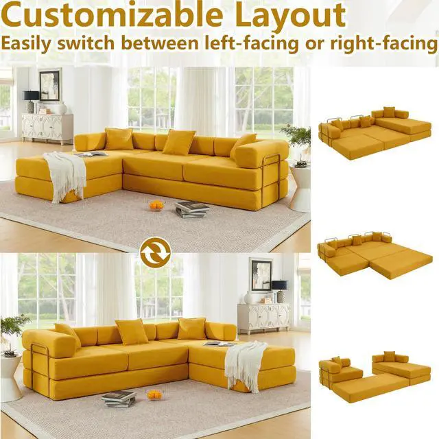 Alt view image 4 of 7 - 108" Modular Sectional Sofa,Futon Convertible Sofa Bed,Oversized Corduroy Boneless Couch for Living Room,Floor Loveseat Sleeper with Pull Out Bed,Free Combination,No Assembly Required (Yellow)