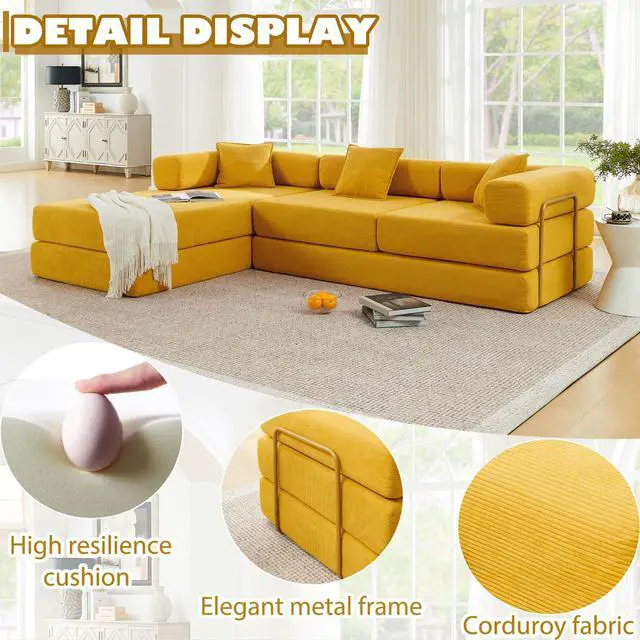 Alt view image 5 of 7 - 108" Modular Sectional Sofa,Futon Convertible Sofa Bed,Oversized Corduroy Boneless Couch for Living Room,Floor Loveseat Sleeper with Pull Out Bed,Free Combination,No Assembly Required (Yellow)
