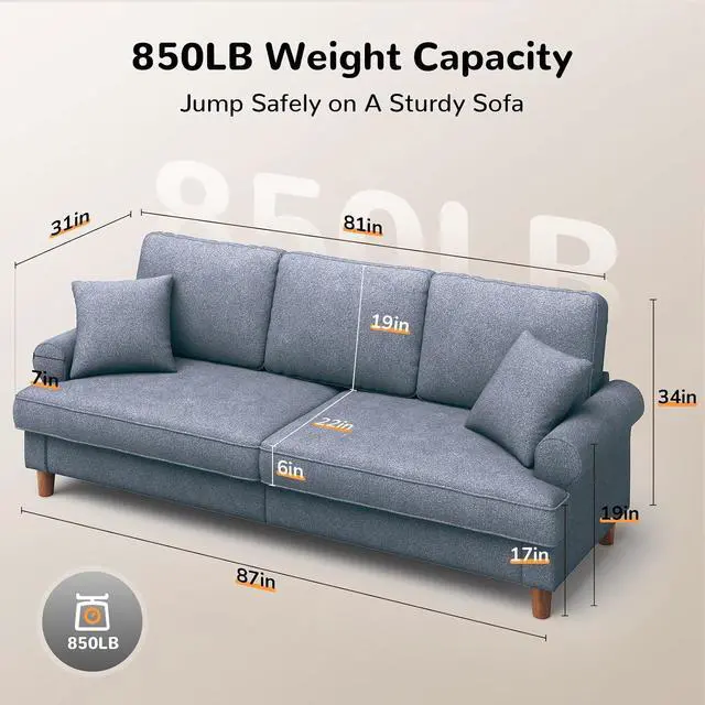 Alt view image 2 of 7 - 87" Sofa Couch, Comfy Extra Deep Seat 3 Seater Couch for Living Room with Soft Upholstered Round Arms, Free 2 Pillows, Gray