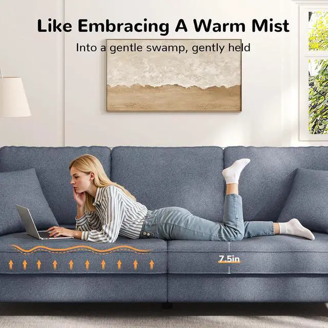 Alt view image 4 of 7 - 87" Sofa Couch, Comfy Extra Deep Seat 3 Seater Couch for Living Room with Soft Upholstered Round Arms, Free 2 Pillows, Gray